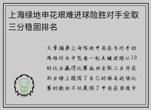 上海绿地申花艰难进球险胜对手全取三分稳固排名