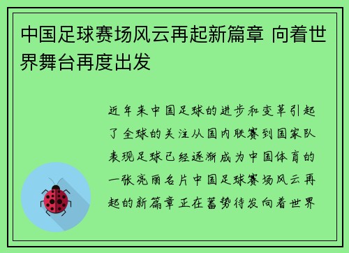 中国足球赛场风云再起新篇章 向着世界舞台再度出发