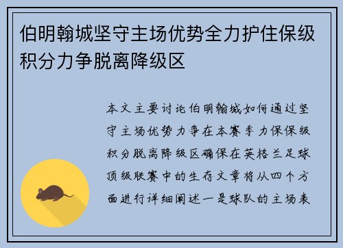伯明翰城坚守主场优势全力护住保级积分力争脱离降级区