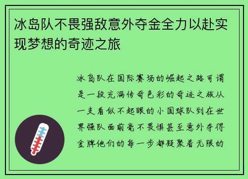 冰岛队不畏强敌意外夺金全力以赴实现梦想的奇迹之旅