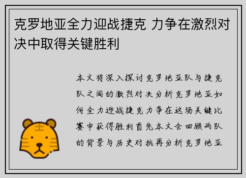 克罗地亚全力迎战捷克 力争在激烈对决中取得关键胜利
