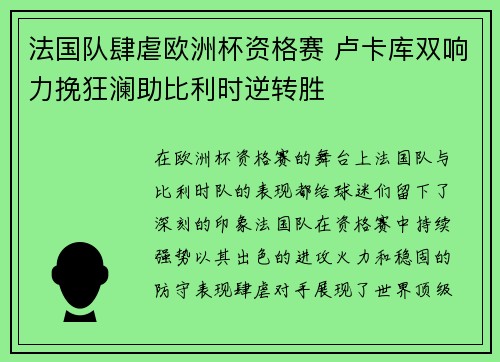 法国队肆虐欧洲杯资格赛 卢卡库双响力挽狂澜助比利时逆转胜
