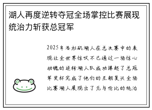 湖人再度逆转夺冠全场掌控比赛展现统治力斩获总冠军