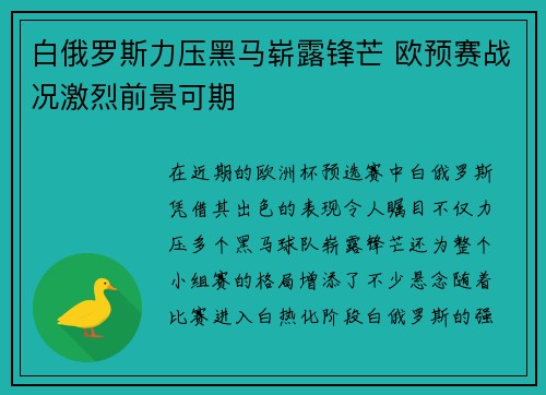 白俄罗斯力压黑马崭露锋芒 欧预赛战况激烈前景可期