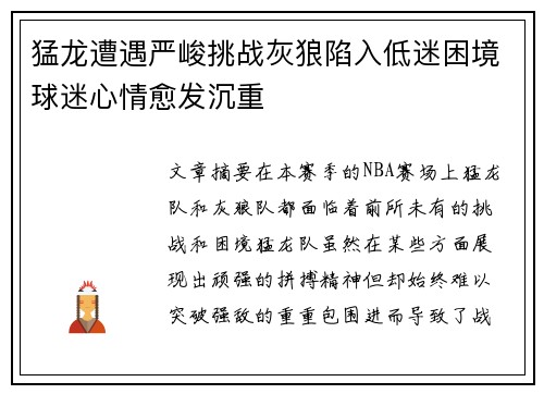 猛龙遭遇严峻挑战灰狼陷入低迷困境球迷心情愈发沉重