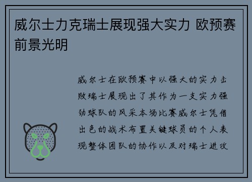 威尔士力克瑞士展现强大实力 欧预赛前景光明